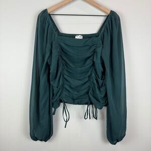 Arula Top Women X 14 Emerald Green Smocked Ruched Balloon Sleeve Tie Blouse Boho